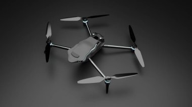 Koyu arkaplandaki kenar perspektiften gösterilen üç boyutlu dron görüntüleme modern UAV teknolojisini ve insansız havacılık.