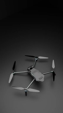 3D görüntüleme, insansız hava teknolojisi ve robot teknolojisini temsil eden karanlık arka planda izole edilmiş kuadkopter insansız hava aracını gösteriyor.