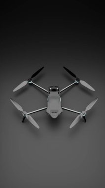 Üst perspektiften üç boyutlu kuadkopter drone görüntüsü insansız hava teknolojisini temsil eden koyu arkaplanda izole edilmiş..