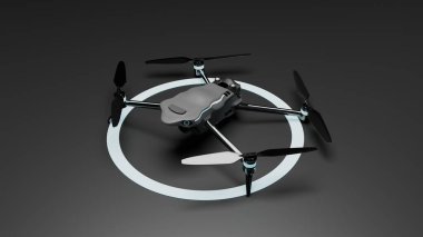 UAV teknolojisini sembolize eden parlak dairesel ışık efekti ile koyu arkaplan üzerinde yüksek kalite 3D kuadkopter drone çizimi.