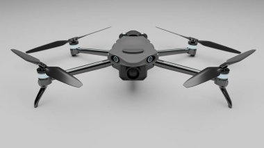 3D çizim, insansız hava aracı teknolojisini ve gelişmiş mühendislik teknolojisini temsil eden beyaz zemin üzerinde izole edilmiş modern kuadkopter insansız hava aracını gösteriyor..