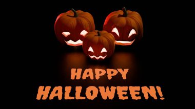 Cadılar Bayramı balkabaklarının üzerinde parlak turuncu renkli parlak bir Cadılar Bayramı yazısıyla siyah zeminde parlayan yüzler vardı. Bayram dekorasyonu için mükemmel bir mevsim oluşturucu.