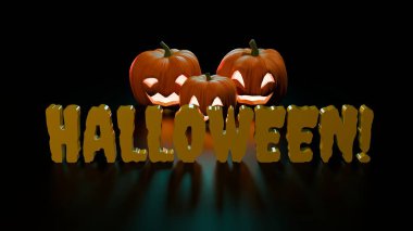 Cadılar Bayramı metninin üzerine siyah yansıtıcı döşeme üzerine konmuş 3 boyutlu parlayan balkabağı resmi. Ürkütücü parti tasarımı ve tatil davetiyeleri için uygun mevsimsel şenlik sanat eserleri.