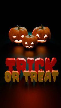 Cadılar Bayramı balkabakları Trick or Treat 'in üzerinde kırmızı ve yeşil harflerle parlıyordu. Şenlikli mevsimlik sanat eserleri ürkütücü tatil kutlamaları ve tasarım için mükemmeldir..