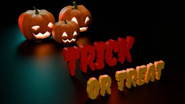 Cadılar Bayramı balkabakları, karanlık yansıtıcı yüzeyine oyulmuş yüzlerle parıldıyor. Tasarım ve dekorasyon için şenlikli sezonluk sanat eserleri.