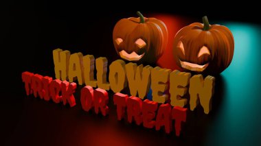 Cadılar Bayramı balkabakları, açılı Cadılar Bayramı metninin üzerinde sarı ve kırmızı oyulmuş yüzlerle parlıyordu. Ürkütücü bayram kutlamaları, davetiyeler ve dekorasyon için şenlikli sezonluk tasarım.