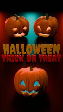 Cadılar Bayramı metninin üzerinde koyu yüzeyde kırmızı ve sarı olarak parlayan balkabaklarının dikey çizimi. Ürkütücü tatil tasarımı ve dekorasyonu için sezonluk şenlikli sanat eserleri.