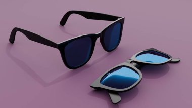 Mor bir yüzeye yerleştirilmiş siyah çerçeveli ve mavi yansıtıcı lensli iki adet modaya uygun güneş gözlüğü. Fotokopi alanı ile markalaştırma ya da reklam için çekilen şık ürün.