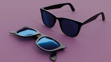 Mor arka planda mavi yansıtıcı mercekli güneş gözlükleri. Asgari ve modern ürün tasarımı reklam, markalaşma ve yaratıcı planlar için idealdir..