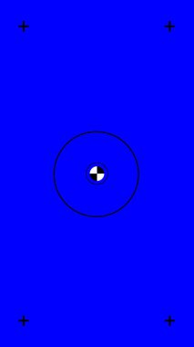 Dikey portre yönelimi saf mavi 0000FF ekran dört çapraz işaretleyici ve küçük merkezi siyah beyaz işaretleyici, görsel efektler ve doğru birleştirme için kullanılır.