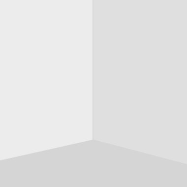 Beyaz duvarların açık gri zemin yüzeyiyle buluştuğu odanın köşesini gösteren minimalist bir görüntü..