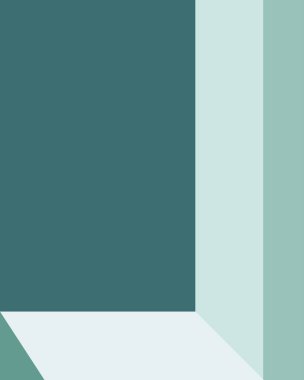 Gök mavisi, nane ve yeşil renk paletinde geometrik şekiller içeren modern bir minimalist soyut tasarım..