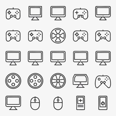 Dijital eğlence için modern oyun aksesuarları ve aygıt simgeleri koleksiyonu
