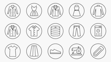 Çeşitli moda kıyafetleri ve aksesuarları temsil eden el çizimi Clipart siluet simgeleri koleksiyonu 