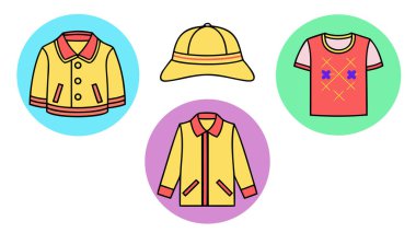 Çeşitli moda kıyafetleri ve aksesuarları temsil eden el çizimi Clipart siluet simgeleri koleksiyonu 