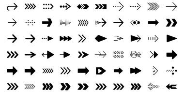 Siyah ok simgeleri, geri dönüşüm sembolleri ve çeşitli yön göstergeleri dahil, beyaz bir arkaplanda sunulan simgeler