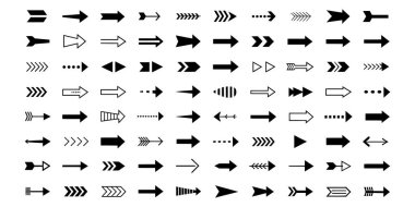Siyah ok simgeleri, geri dönüşüm sembolleri ve çeşitli yön göstergeleri dahil, beyaz bir arkaplanda sunulan simgeler