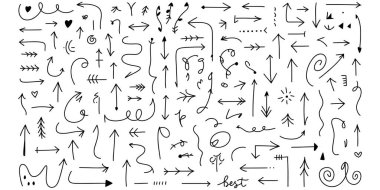 Siyah ok simgeleri, geri dönüşüm sembolleri ve çeşitli yön göstergeleri dahil, beyaz bir arkaplanda sunulan simgeler