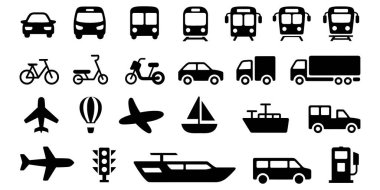 Araçlar, kamyonlar, otobüsler, uçaklar, botlar ve bir bisiklet de dahil olmak üzere çeşitli ulaşım simgeleri koleksiyonu
