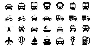Araçlar, kamyonlar, otobüsler, uçaklar, botlar ve bir bisiklet de dahil olmak üzere çeşitli ulaşım simgeleri koleksiyonu