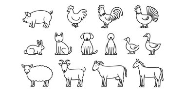 Basit siyah-beyaz sanat simgeleri çiftçilik, tarım ve kırsal yaşamın çeşitli yönlerini temsil ediyor.