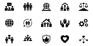 Siyah-beyaz simgelerinin farklı faaliyetlerinde yer alan insanlar takım çalışması, toplum, küresel bağlantı, adalet ve destek, iş ve sosyal kavramlar için uygundur.