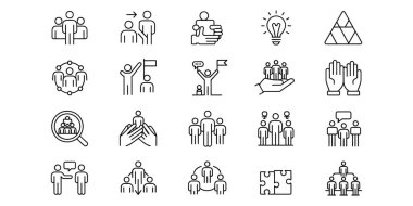 Siyah-beyaz simgelerinin farklı faaliyetlerinde yer alan insanlar takım çalışması, toplum, küresel bağlantı, adalet ve destek, iş ve sosyal kavramlar için uygundur.