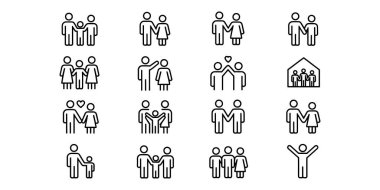 Siyah-beyaz simgelerinin farklı faaliyetlerinde yer alan insanlar takım çalışması, toplum, küresel bağlantı, adalet ve destek, iş ve sosyal kavramlar için uygundur.