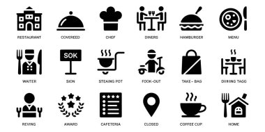 Yemek ve akşam yemeğini temsil eden siyah beyaz resim ikonlarının restoran koleksiyonu.