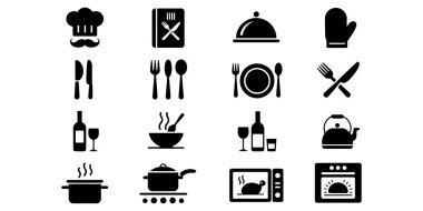 Yemek ve akşam yemeğini temsil eden siyah beyaz resim ikonlarının restoran koleksiyonu.