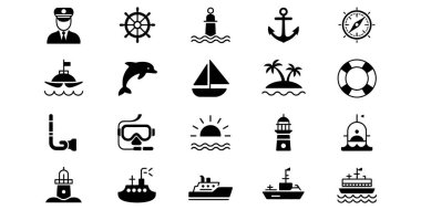Çeşitli deniz ve okyanus elementlerini temsil eden stilize vektör simgelerinin deniz ve deniz yaşamı koleksiyonu