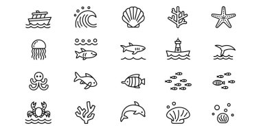 Çeşitli deniz ve okyanus elementlerini temsil eden stilize vektör simgelerinin deniz ve deniz yaşamı koleksiyonu