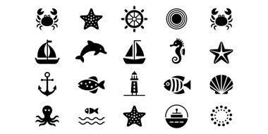 Çeşitli deniz ve okyanus elementlerini temsil eden stilize vektör simgelerinin deniz ve deniz yaşamı koleksiyonu