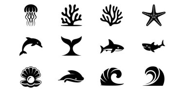 Çeşitli deniz ve okyanus elementlerini temsil eden stilize vektör simgelerinin deniz ve deniz yaşamı koleksiyonu