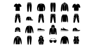 Giysi modası ve aksesuar simgeleri çeşitli giyim eşyalarının siyah ve beyaz grafik çizimlerini ayarlar