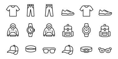 Giysi modası ve aksesuar simgeleri çeşitli giyim eşyalarının siyah ve beyaz grafik çizimlerini ayarlar