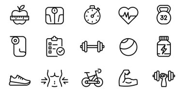 Spor salonu sanat simgeleri fitness, sağlık ve sağIık su ısıtıcısı ve daha fazlasını temsil eder.