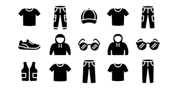 Иконки одежды и аксессуаров накладывают предметы Черно-белые графические иллюстрации различных предметов одежды
