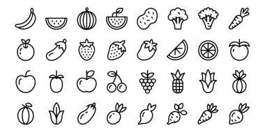 Meyve simgeleri, çeşitli sağlıklı besin seçeneklerine göre düzenlenmiş çizim biçimi