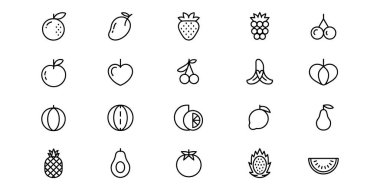 Meyve simgeleri, çeşitli sağlıklı besin seçeneklerine göre düzenlenmiş çizim biçimi