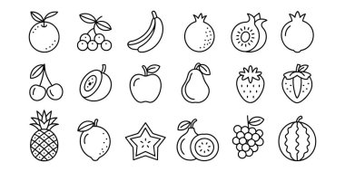 Meyve simgeleri, çeşitli sağlıklı besin seçeneklerine göre düzenlenmiş çizim biçimi