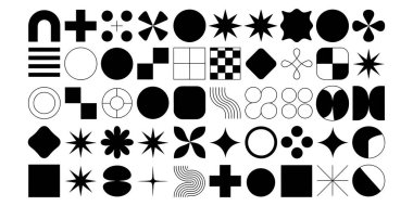 Soyut geometrik şekiller seti ve simgeler siyah ve beyaz olarak sıralanmış, görsel olarak ilginç desenler yaratıyor.