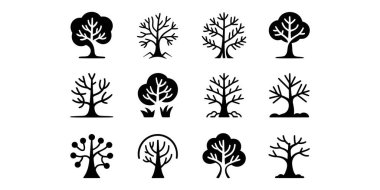 Eşsiz Biçim & siber organik kavramlar siyah simgeler çeşitli şekiller, yapraklı ve çıplak dallar, doğa, ekoloji ve tasarım unsurları belirler