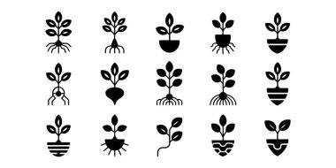 Eşsiz Biçim & siber organik kavramlar siyah simgeler çeşitli şekiller, yapraklı ve çıplak dallar, doğa, ekoloji ve tasarım unsurları belirler