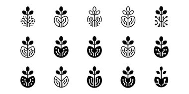 Eşsiz Biçim & siber organik kavramlar siyah simgeler çeşitli şekiller, yapraklı ve çıplak dallar, doğa, ekoloji ve tasarım unsurları belirler