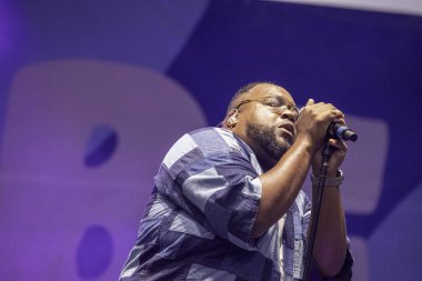 PORTLAND, OR - 4 Temmuz 2025: The Main Squeeze, 4 Temmuz 'da Portland şehir merkezindeki Willamette Nehri' nin kıyısındaki Tom McCall Waterfront Parkı 'nda düzenlenen Waterfront Blues Festivali' nde son perdeyi çalıyor..