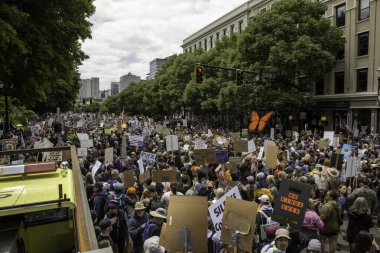 14 Haziran 2025 'te Portland' daki No Kings Protestosu 'nda, Natto Parkway' de Kralsız Protesto 'nun manzarası