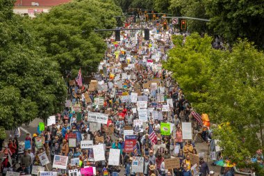 14 Haziran 2025 'te Portland' daki No Kings Protestosu 'nda, Natto Parkway' de Kralsız Protesto 'nun manzarası