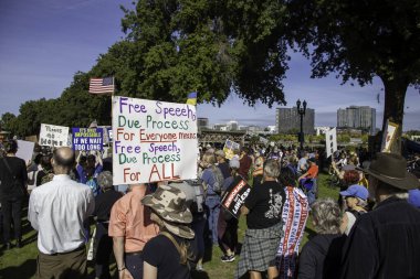 PORTLAND, OR  SEPTEMBER 28, 2025 Demonstrators gathered at the Battleship Oregon Memorial for a peaceful rally and march through downtown Portland opposing the deployment of federal forces.  The protests are sponsored by SEIU Local 503, the ACLU of