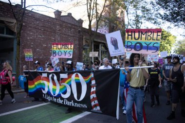 PORTLAND, OR  SEPTEMBER 28, 2025 Demonstrators gathered at the Battleship Oregon Memorial for a peaceful rally and march through downtown Portland opposing the deployment of federal forces.  The protests are sponsored by SEIU Local 503, the ACLU of